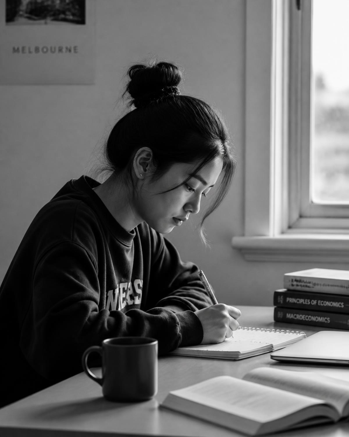 A candidate writing at a desk in soft window light