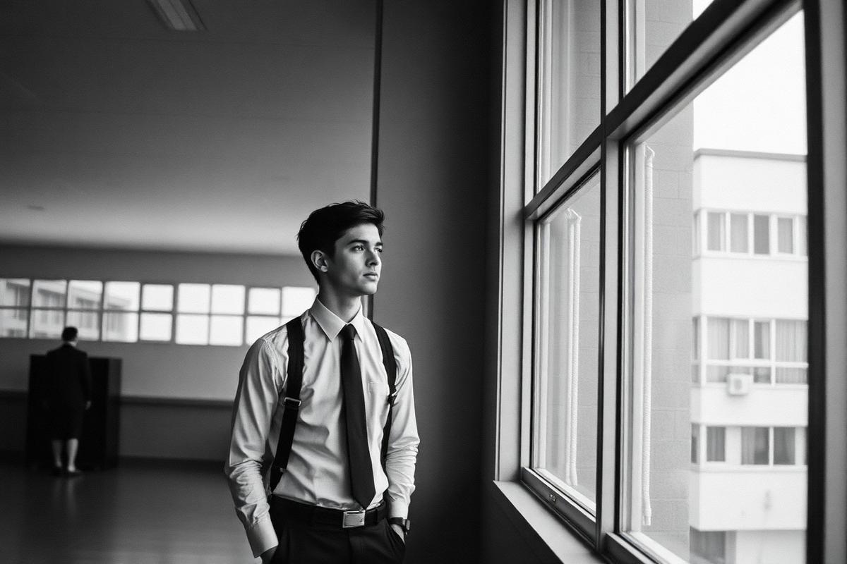 A Fellowship participant standing by a tall window in a quiet institutional building