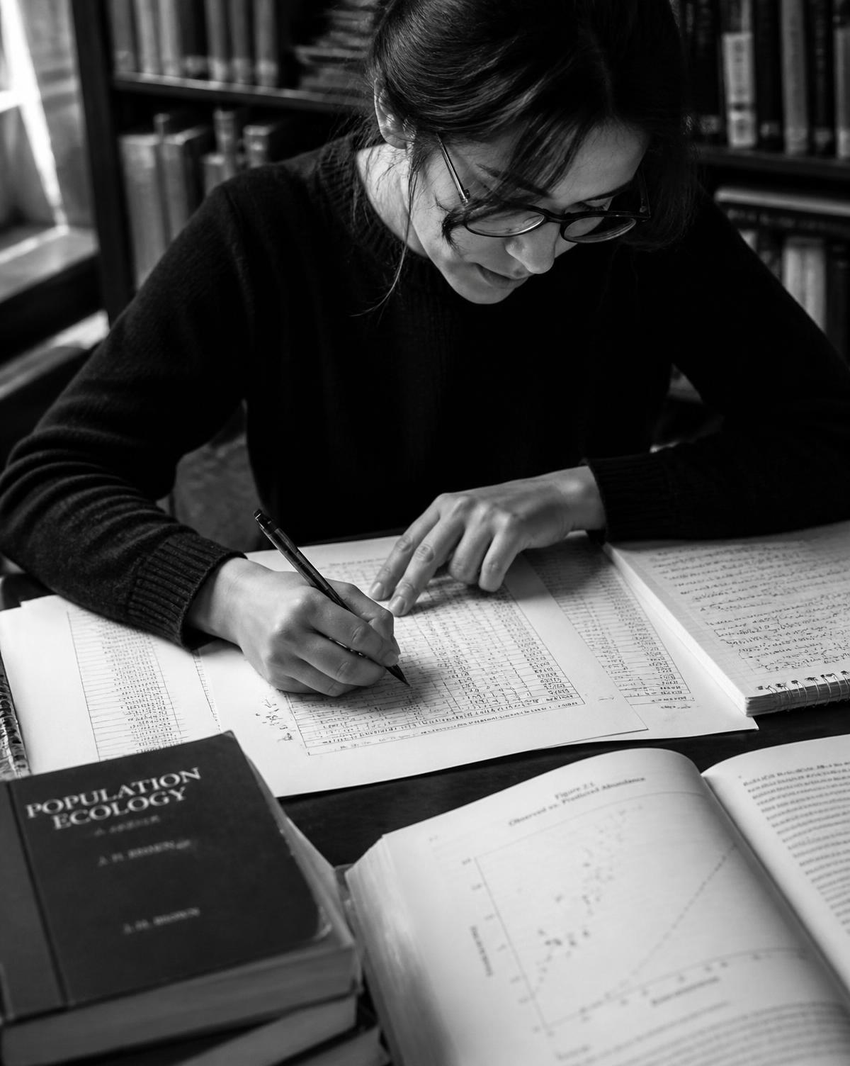 A Fellow annotating printed data tables alongside reference material