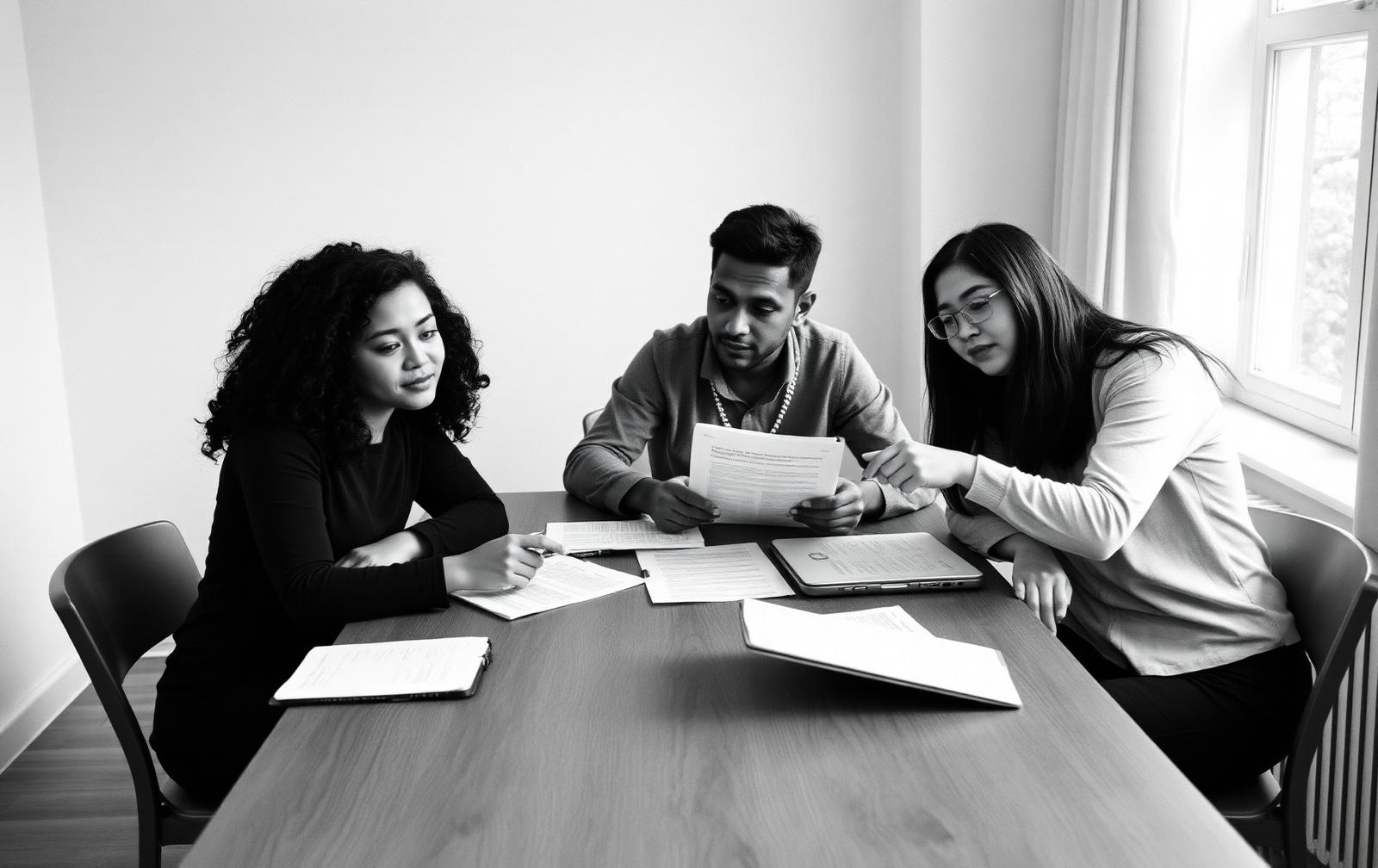 Three Fellows collaborating on research and project planning around a table