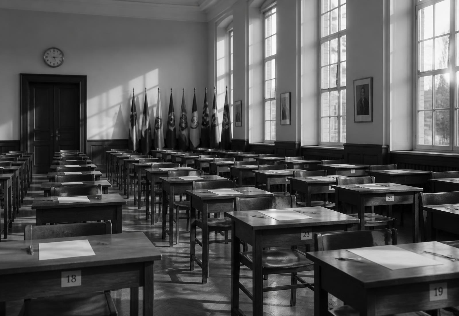 A quiet, sunlit examination hall with rows of individual desks prepared for candidates