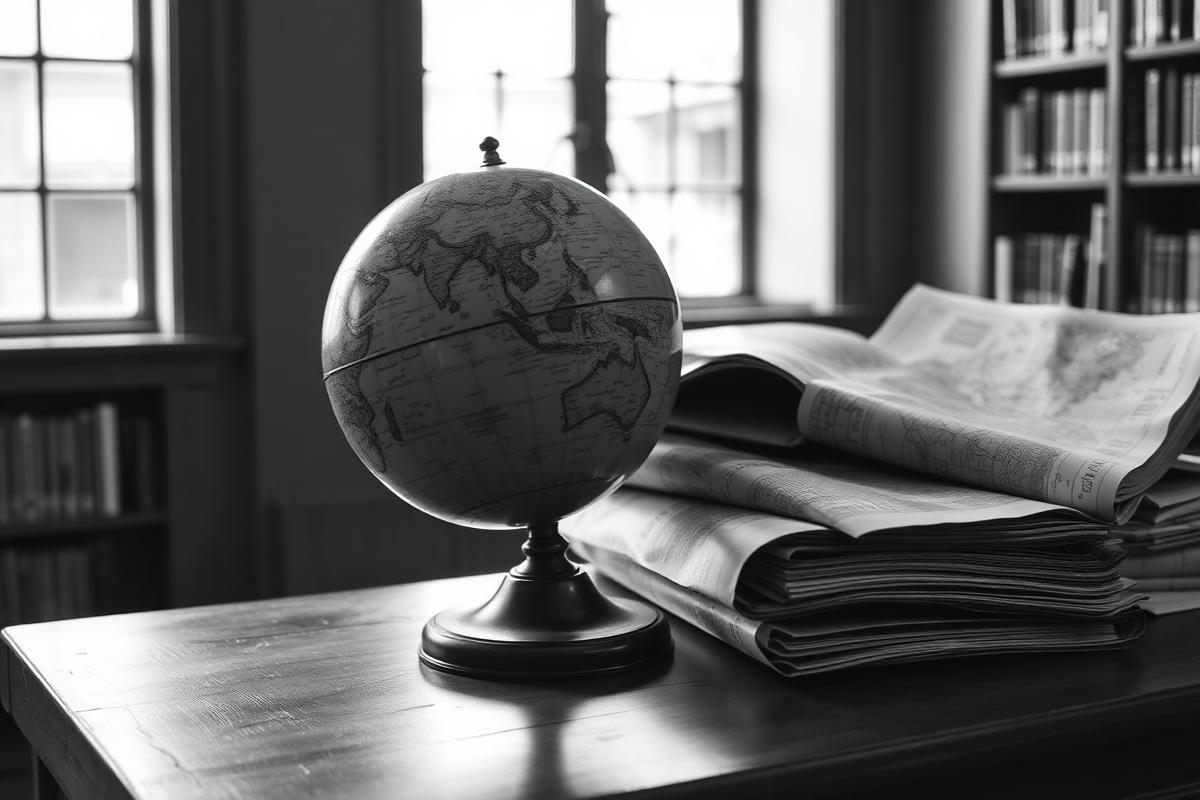 A globe resting beside folded maps on a wooden library table