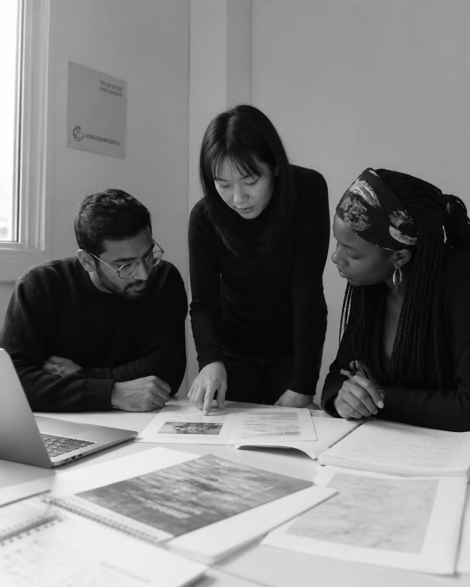 Three emerging professionals reviewing printed research and project documents together at a table