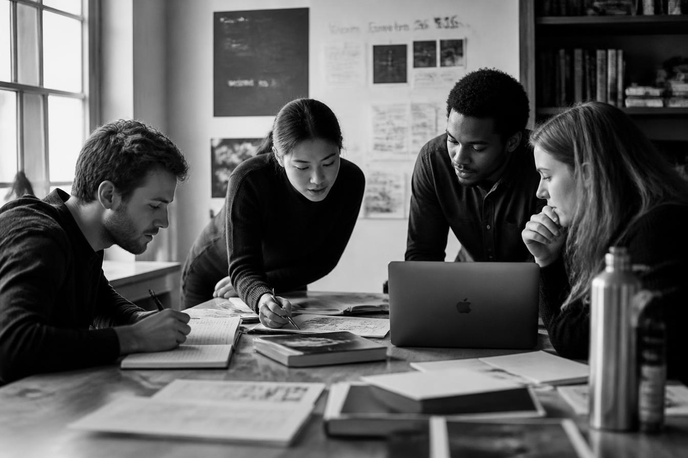 Four emerging professionals collaborating around a table with notebooks, documents, and a laptop